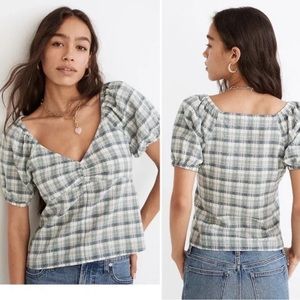Madewell plaid puff sleeve blouse in blue gingham plaid worn twice